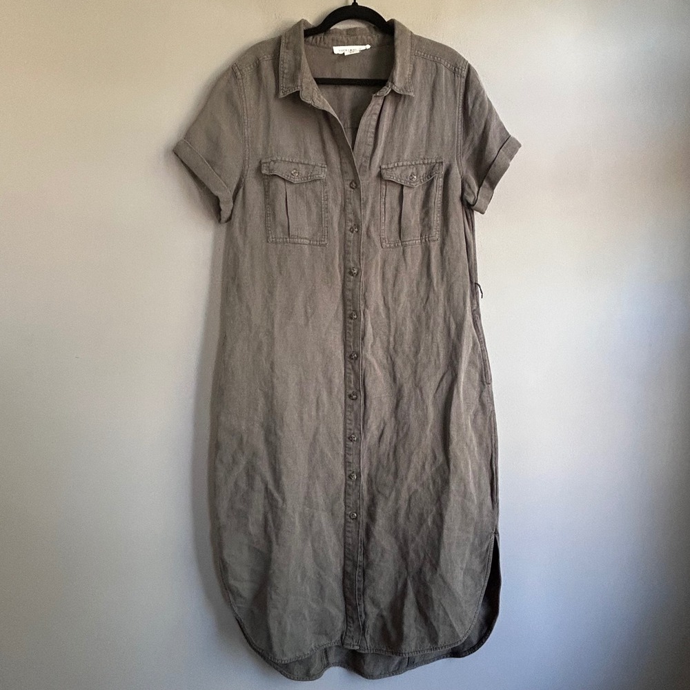 Lucky Brand Womens Olive Green Linen Blend Button Down Shirt Dress Size M